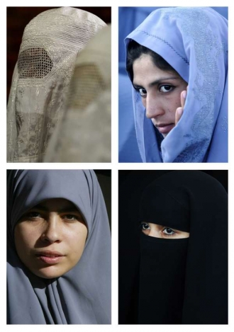 Různé druhy pokrývek hlavy muslimek.