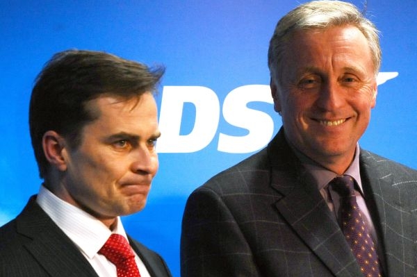 Mirek Topolánek a David Vodrážka na tiskovce po jednání vedení ODS. 