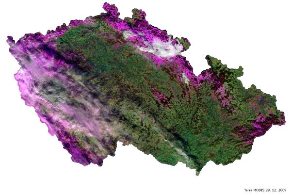 Družicový snímek MODIS se sněhovou pokrývkou z 29. prosince 2009.