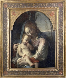 Correggiova Madona s d&iacute;tětem, olej na ořechov&eacute; desce.