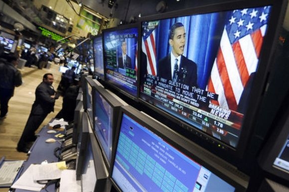Burza cenných papírů v New Yorku při projevu Baracka Obamy. Burza cenných papírů v New Yorku při projevu Baracka Obamy.