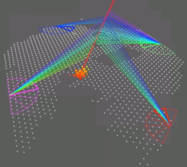 Sprška kosmického záření zachycená fluorescenčními teleskopy. Sprška kosmického záření zachycená fluorescenčními teleskopy.