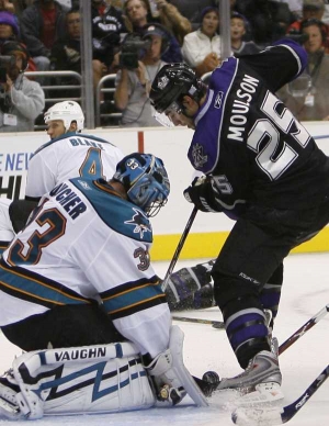 Gólman San Jose Brian Boucher v akci.
