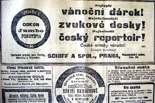 Listopad 1908, reklama na vánoční dárky.
