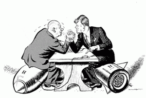 Karikatura souboje Chruščova a Kennedyho.