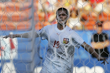 Luboš Kalouda se raduje po vstřelené brance