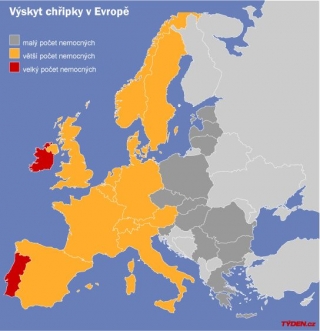 Mapka výskytu chřipky v Evropě. Údaje pochází z 1. lednového týdnu.