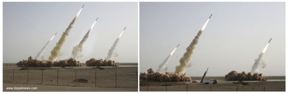 Fotografie testu rakety &Scaron;ah&aacute;b. Vlevo podvržen&aacute; verze.