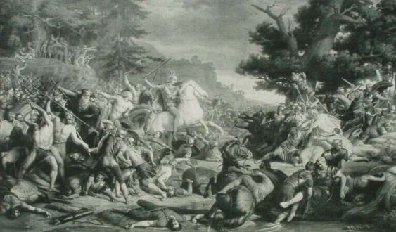 Varus ztrácí tři legie v Teutoburském lese (dílo F. Tüshause}.