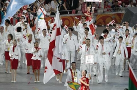 Nástup gruzínské výpravy při zahájení olympiády v Pekingu.