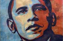 Obraz Baracka Obamy od pouličního umělce Sheparda Faireye. Obraz Baracka Obamy od pouličního umělce Sheparda Faireye.