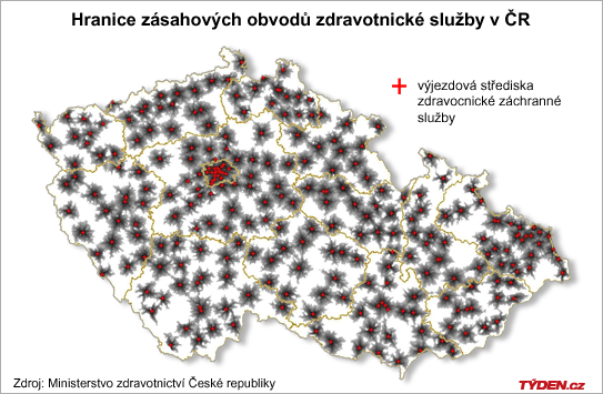 Současné pokrytí Česka zdravotnickou záchrannou službou.