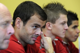 Hráči Slavie na předzápasové tiskové konferenci.