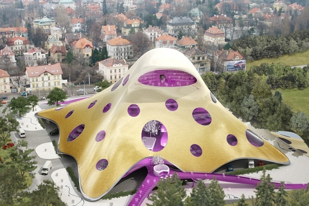 Vizualizace předpokládané stavby Jana Kaplického na Letné. Vizualizace předpokládané stavby Jana Kaplického na Letné.