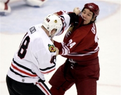 Český bitkař v NHL David Kočí (vlevo).