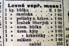 Levn&eacute; vepřov&eacute; maso - dobov&aacute; reklama.