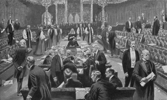Na dvě komory se britský parlament rozdělil ve 14. stol. Obr. z 1911.