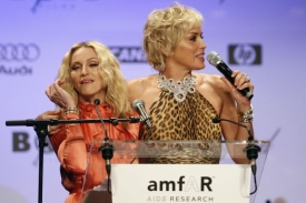 Madonna (vlevo) a Sharon Stoneov&aacute; při dražbě