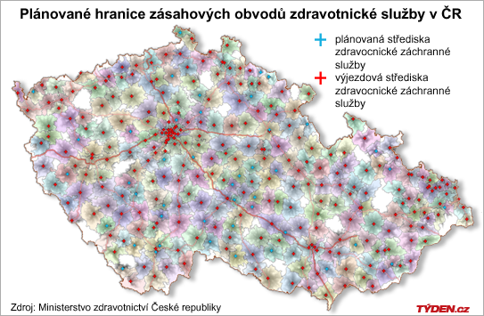 Plánované pokrytí Česka záchrannou službou.