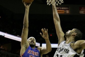 Rasheed Wallace (36) z Detroitu střílí přes obranu Tima Duncana (21) z San Antonio Spurs.