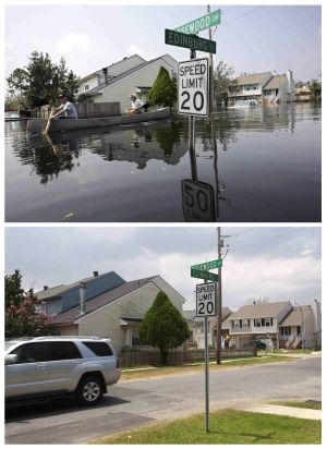 Oblast Metairie u New Orleans před dvěma lety a dnes