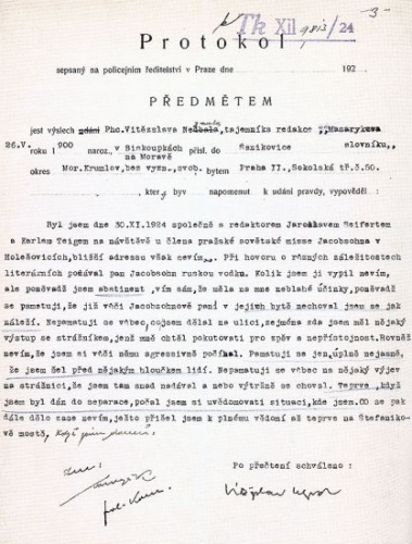 omluvný dopis Vítězslava Nezvala k opileckému incidentu na policii