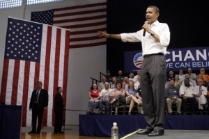 Barack Obama na stranickém mítinku.