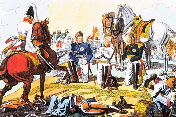 Po bitvě u Lipska 1816. zleva pruský král, rakouský císař, ruský car.