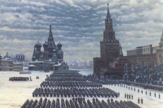 Sovětská přehlídka na Rudém náměstí 7. 11. 1941. Němci jsou nedaleko.