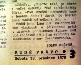 Vánoční Rudé právo informuje o hajném Janu Bendovi a jeho manželce.