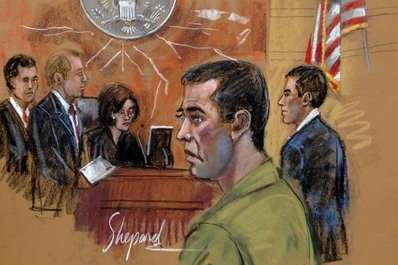 Tim Donaghy na kresbě při slyšení u soudu