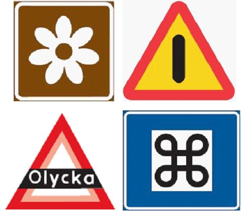 I takto vypadají dopravní značky ve Švédsku. Co symbolizují? Hádejte!