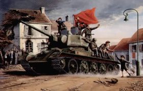 Ruský T-34 vítězí. Komunistické symboly ano, nacistické ne.