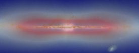 Simulace temné hmoty (červeně) - oblak kolem galaxie i disk uvnitř.