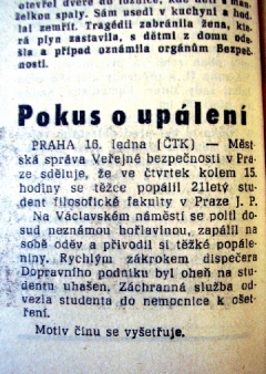 První zpráva o upálení Jana Palacha.