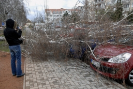 Vítr porazil strom na zaparkované auto.