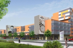 Celkový pohled na projekt Nová Harfa s byty a bytovými studiemi od stávající ulice Poděbradská – zde je vidět základní architektonický koncept celého projektu.