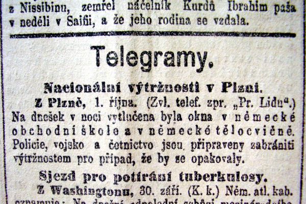 Zpráva o výtržnostech Čechů v Plzni.