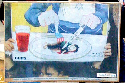 Karikatura Žida porcujícího palestinské robě.