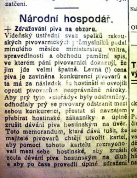 Zdražování piva, dobová zpráva.