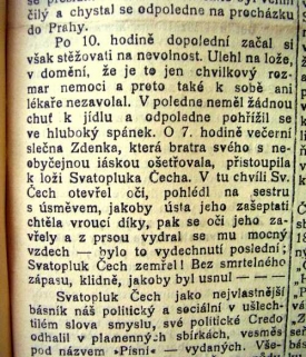 Zpráva o úmrtí Svatopluka Čecha.